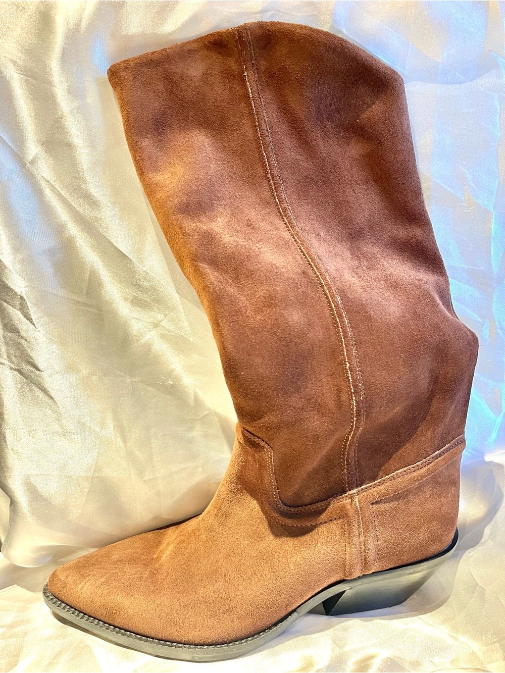 Zara Suede Cowboy Knee-High Heeled Boots Western Style Pointed Toe Brown 7.5
